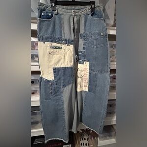 Jaded Gypsy Women's Relaxed Patchwork Denim Jeans in Blue with Cream Accents